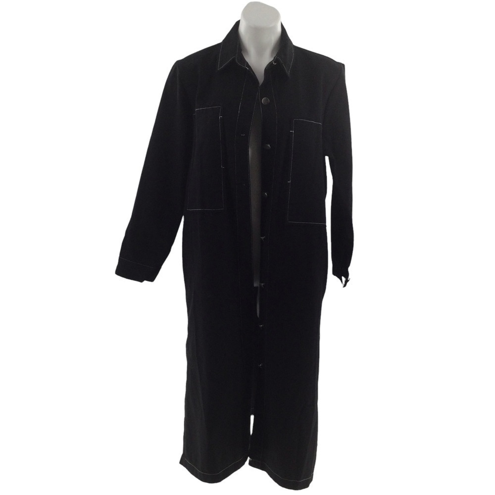 The Weeknd  Black Denim Contrast White Stitch Long Trench Coat